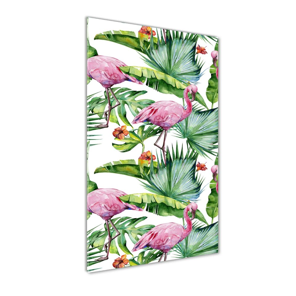 Tableau imprimé sur verre Feuilles et flamants roses