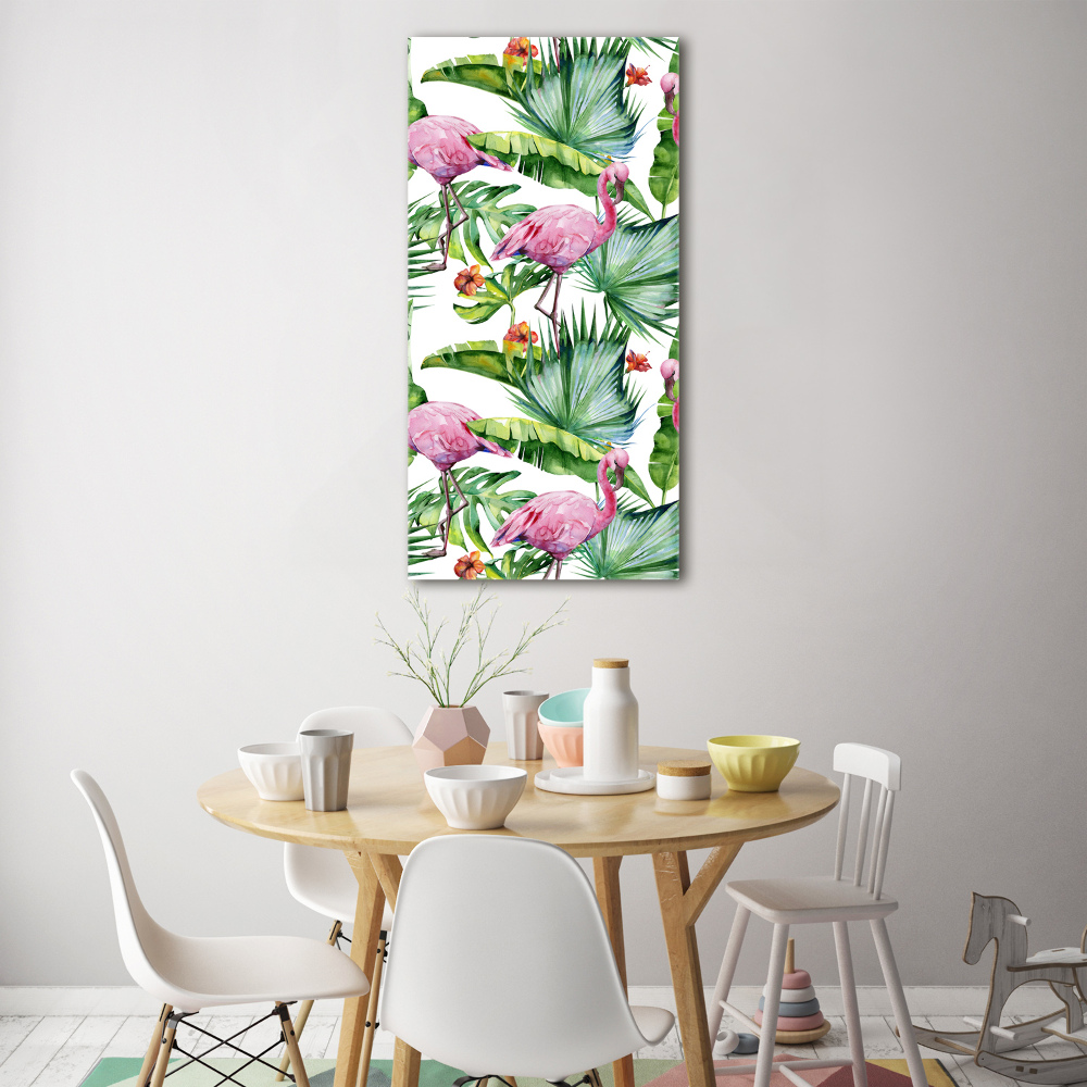 Tableau imprimé sur verre Feuilles et flamants roses