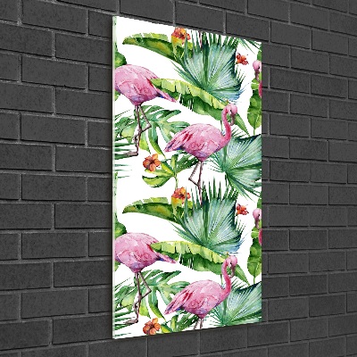 Tableau imprimé sur verre Feuilles et flamants roses