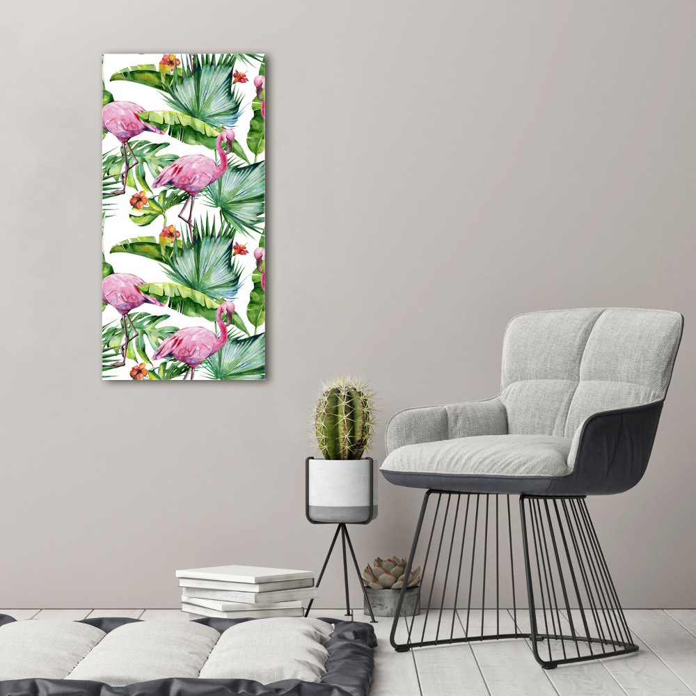 Tableau imprimé sur verre Feuilles et flamants roses