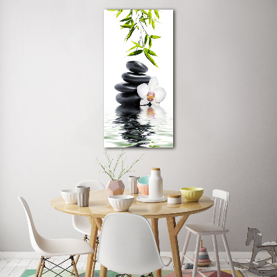 Tableau sur verre Orchidée et pierres feuilles