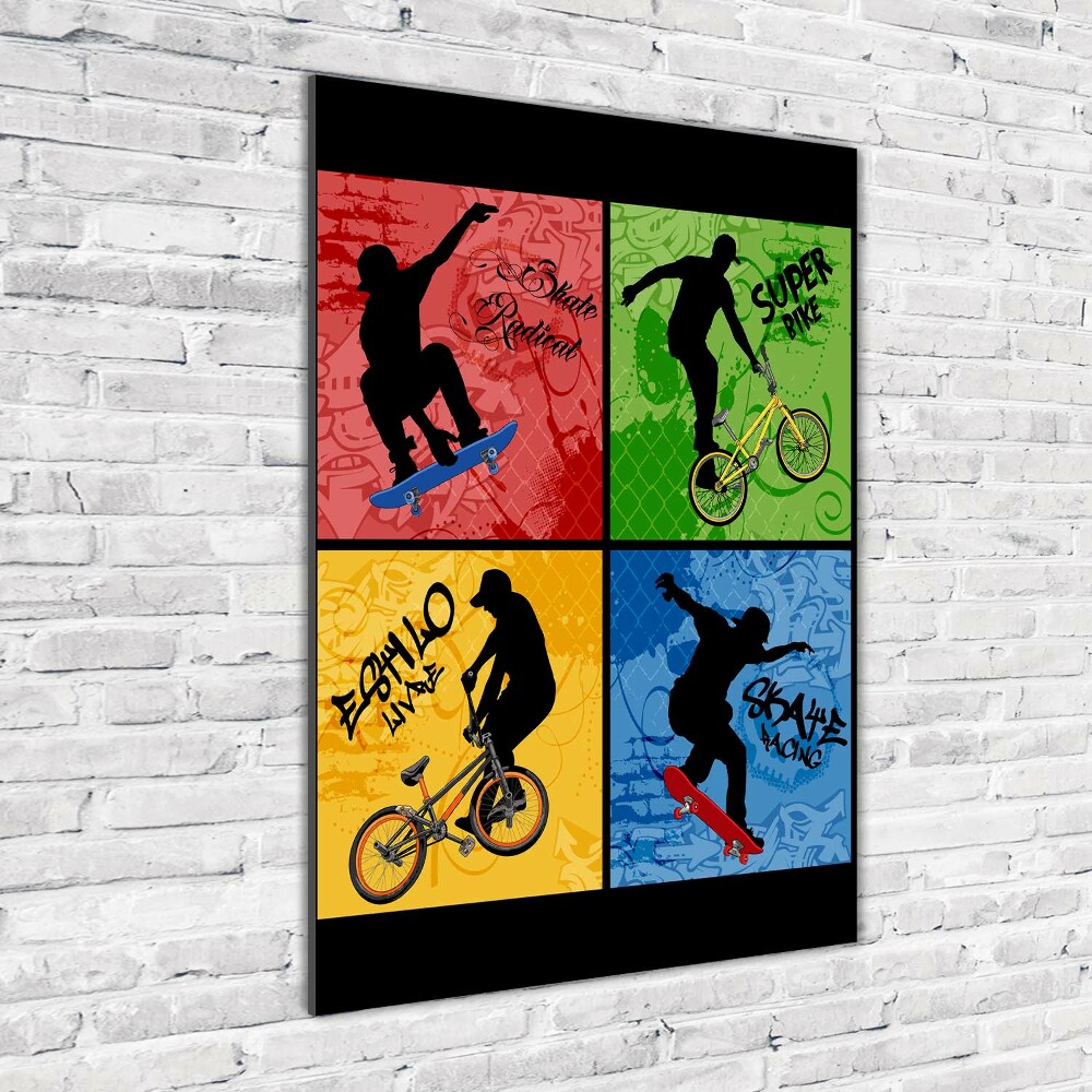 Tableau sur verre Vélo et planche à roulettes