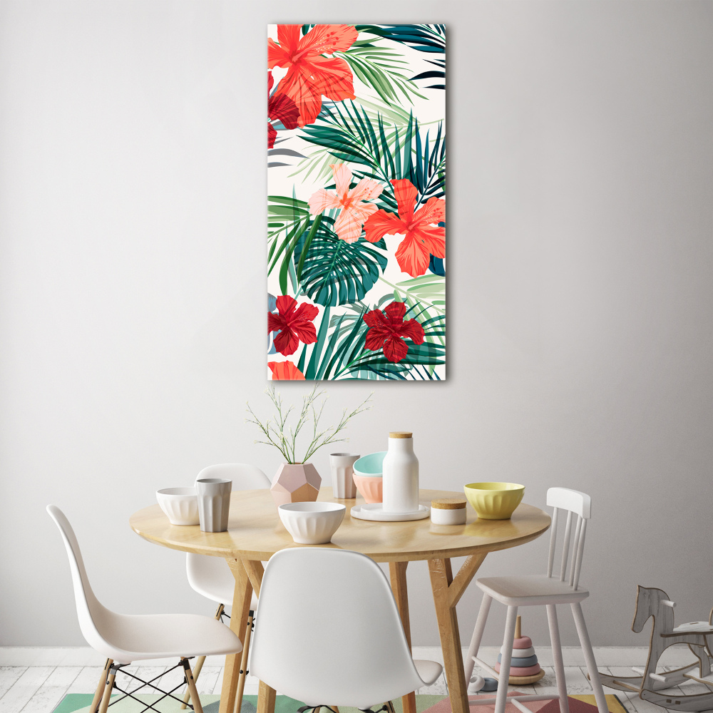 Tableau imprimé sur verre Fleurs hawaïennes roses monstera