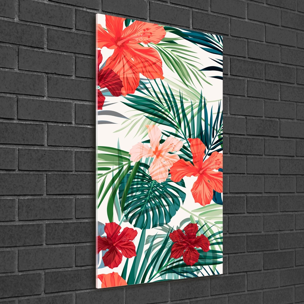 Tableau imprimé sur verre Fleurs hawaïennes roses monstera