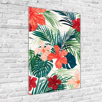 Tableau imprimé sur verre Fleurs hawaïennes roses monstera