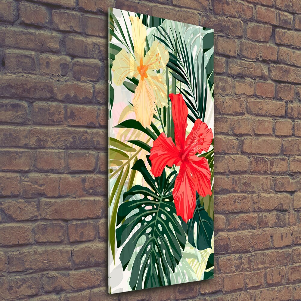 Tableau photo sur verre Fleurs hawaïennes roses monstera