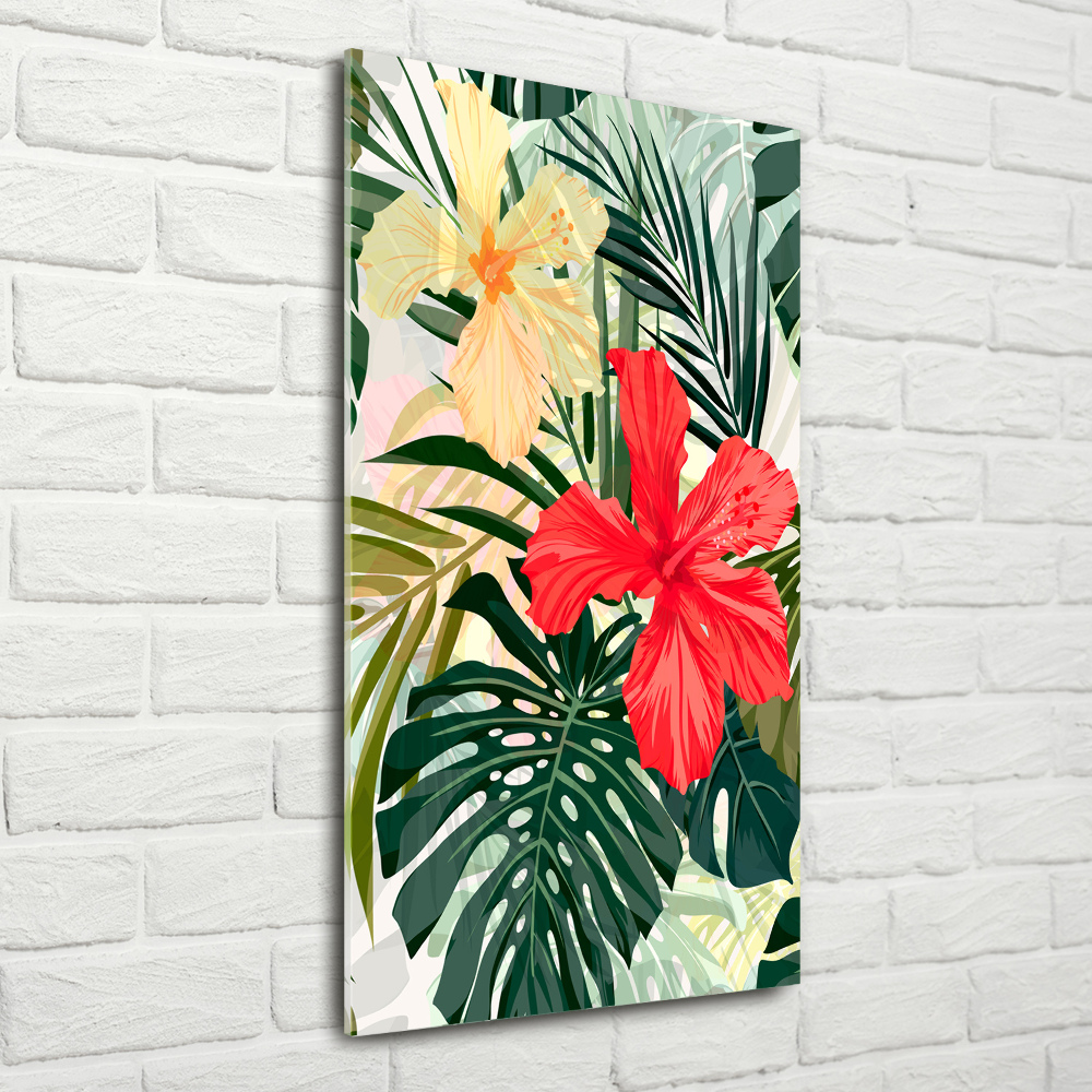 Tableau photo sur verre Fleurs hawaïennes roses monstera