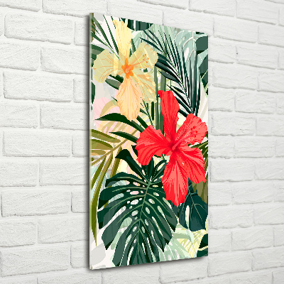 Tableau sur verre Fleurs hawaïennes roses monstera