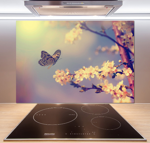 Crédence en verre avec motif Fleur de cerisier et papillon