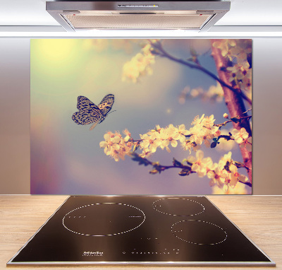 Crédence en verre avec motif Fleur de cerisier et papillon