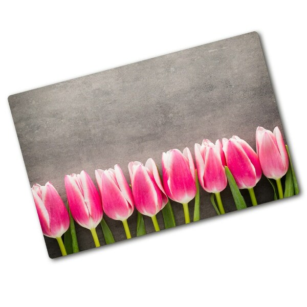 Protection pour plaque de cuisson Tulipes roses sur fond gris