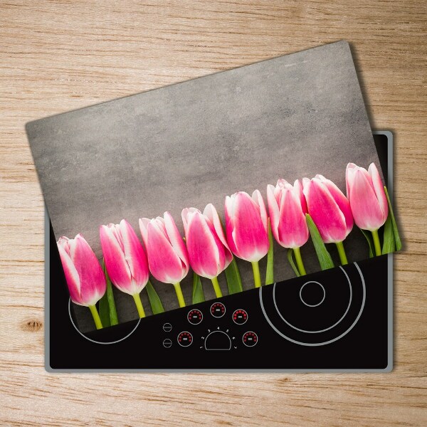 Protection pour plaque de cuisson Tulipes roses sur fond gris