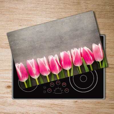 Protection pour plaque de cuisson Tulipes roses sur fond gris