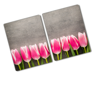 Protection pour plaque de cuisson Tulipes roses sur fond gris