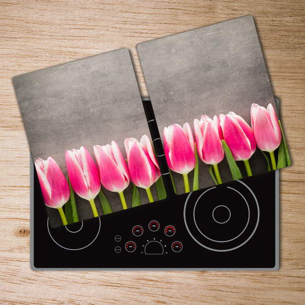 Protection pour plaque de cuisson Tulipes roses sur fond gris