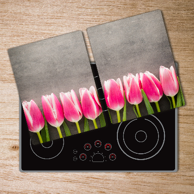 Protection pour plaque de cuisson Tulipes roses sur fond gris