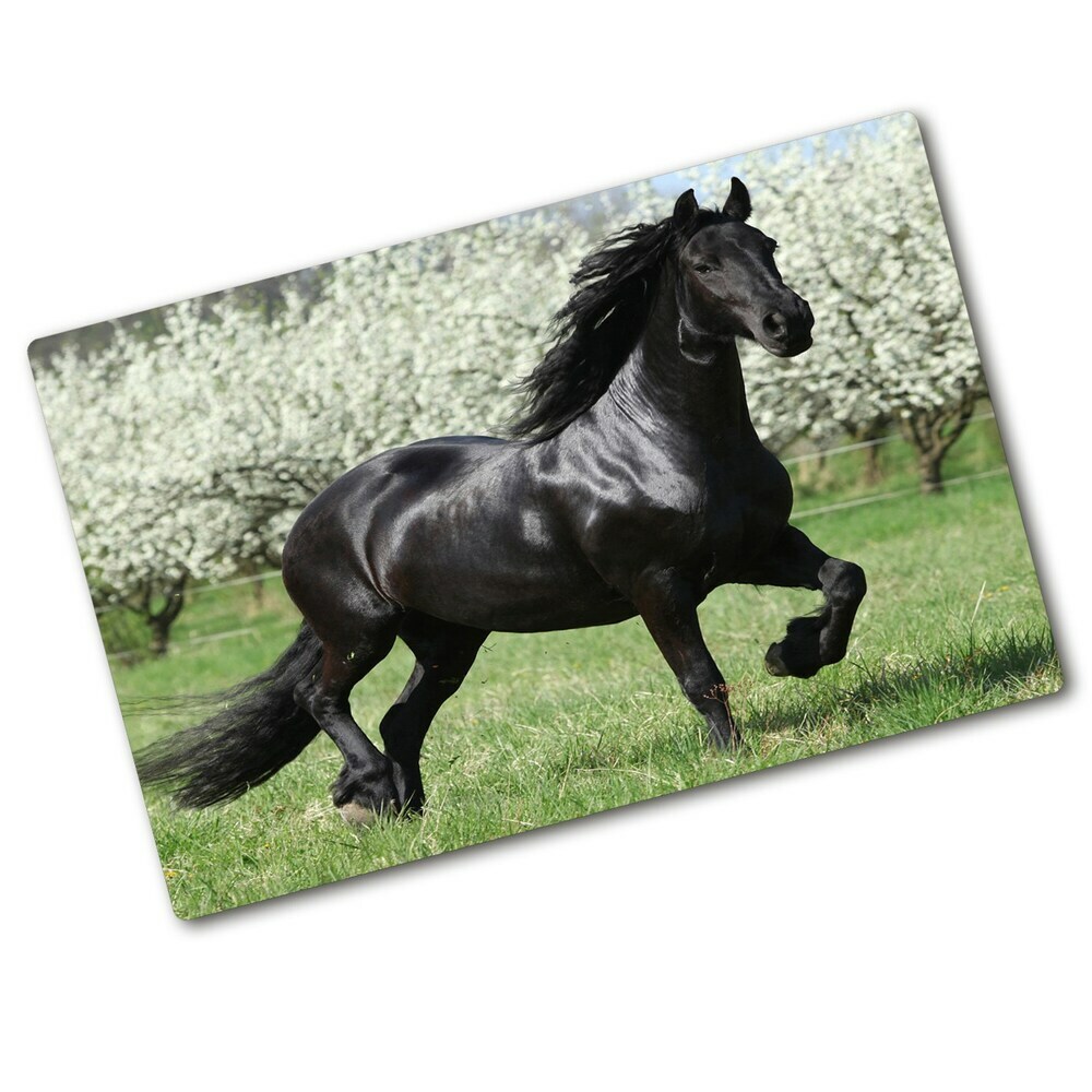 Protection plaque induction Cheval noir fleurissant les arbres