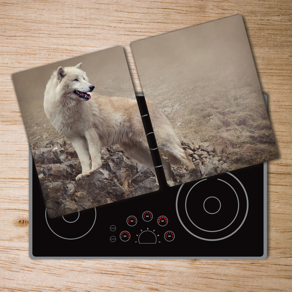 Protection plaque induction Loup blanc sur un rocher