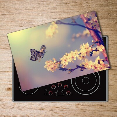 Protection pour plaque de cuisson Fleur de cerisier et papillon