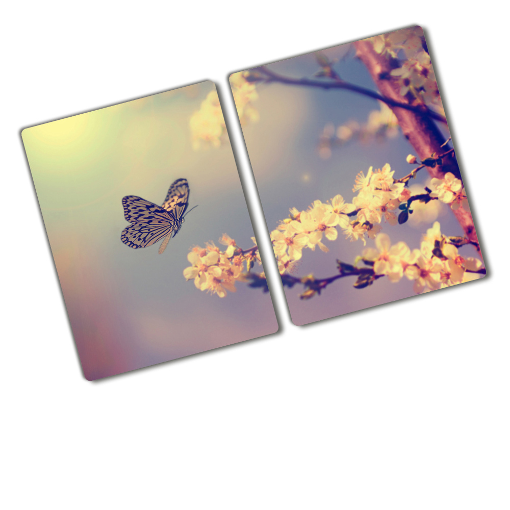 Protection pour plaque de cuisson Fleur de cerisier et papillon