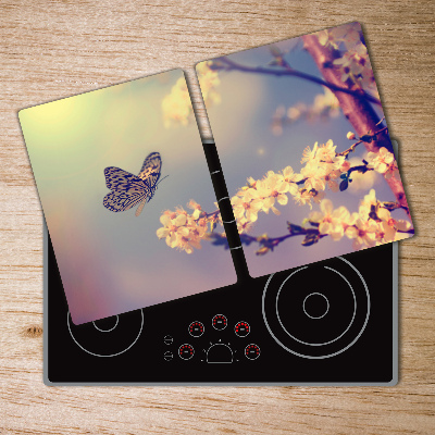 Protection pour plaque de cuisson Fleur de cerisier et papillon