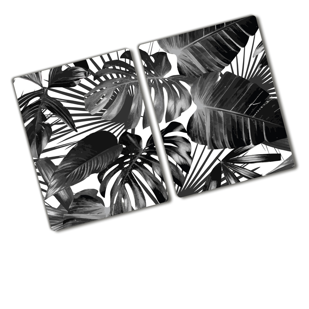 Protège plaque de cuisson Feuilles tropicales noir et blanc