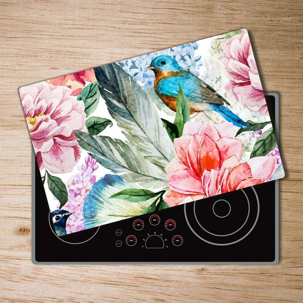 Protection plaque induction Fleurs et oiseaux peints