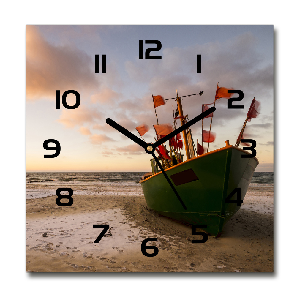 Horloge carrée en verre Plage de bateaux de pêche