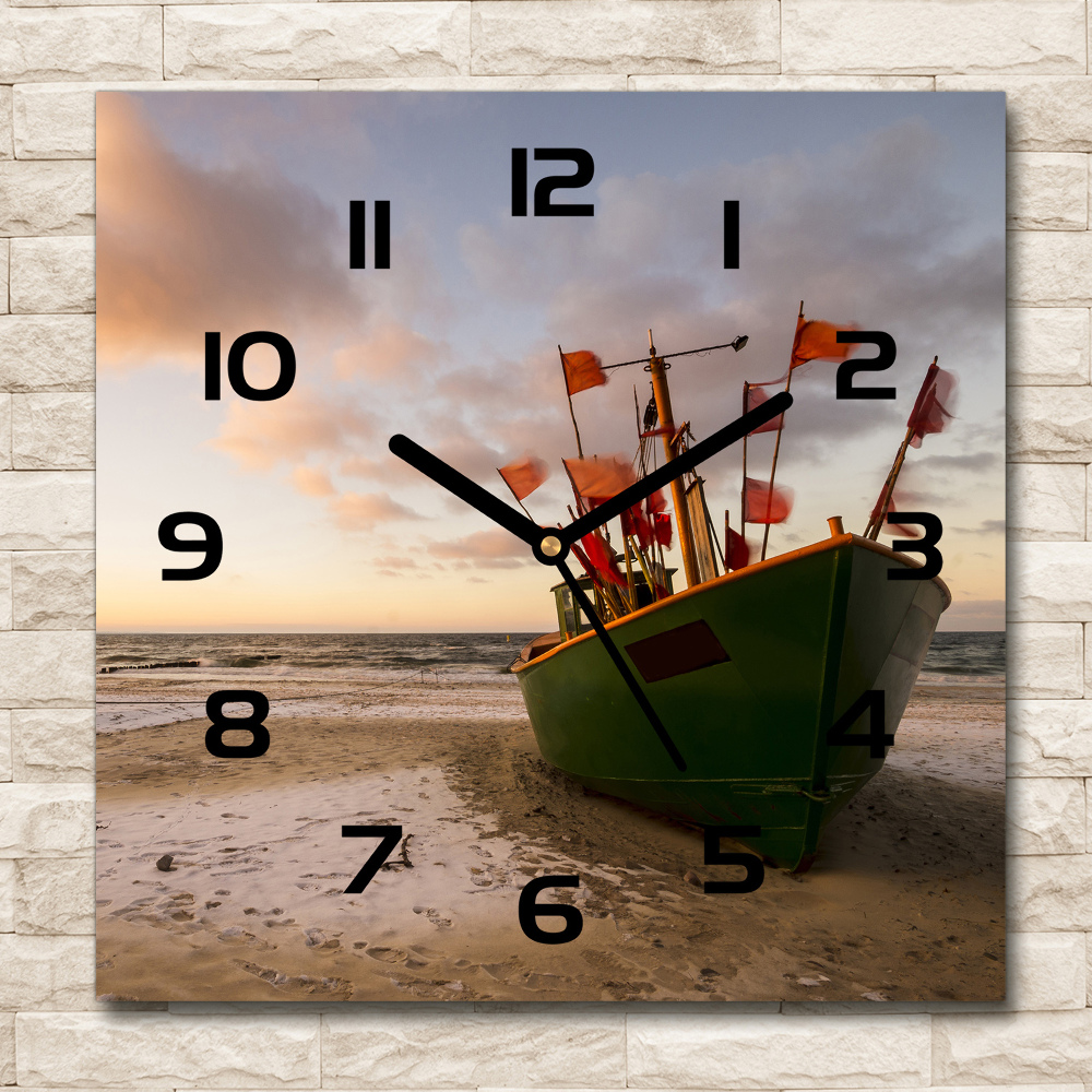 Horloge carrée en verre Plage de bateaux de pêche