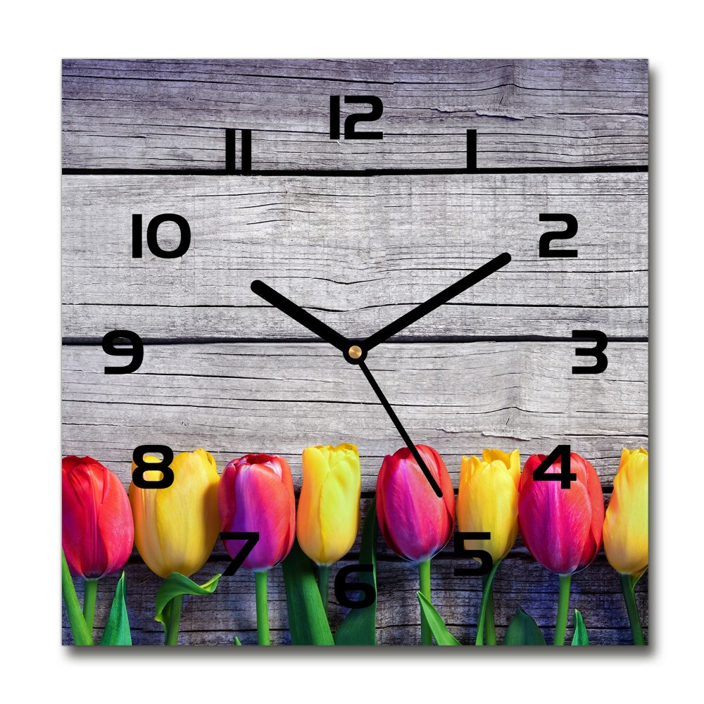 Horloge carrée en verre Tulipes sur bois