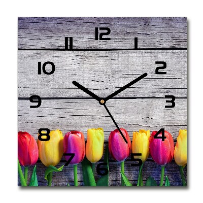 Horloge carrée en verre Tulipes sur bois