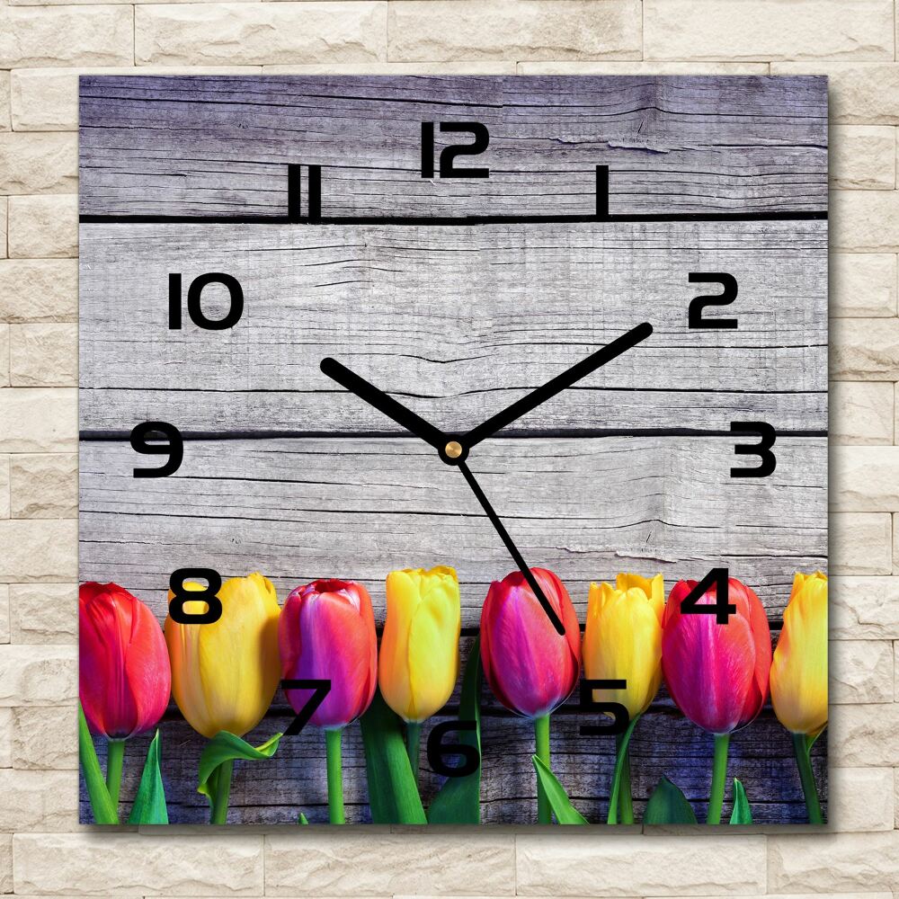 Horloge carrée en verre Tulipes sur bois