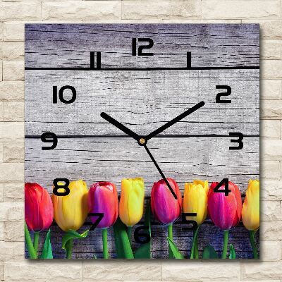 Horloge carrée en verre Tulipes sur bois