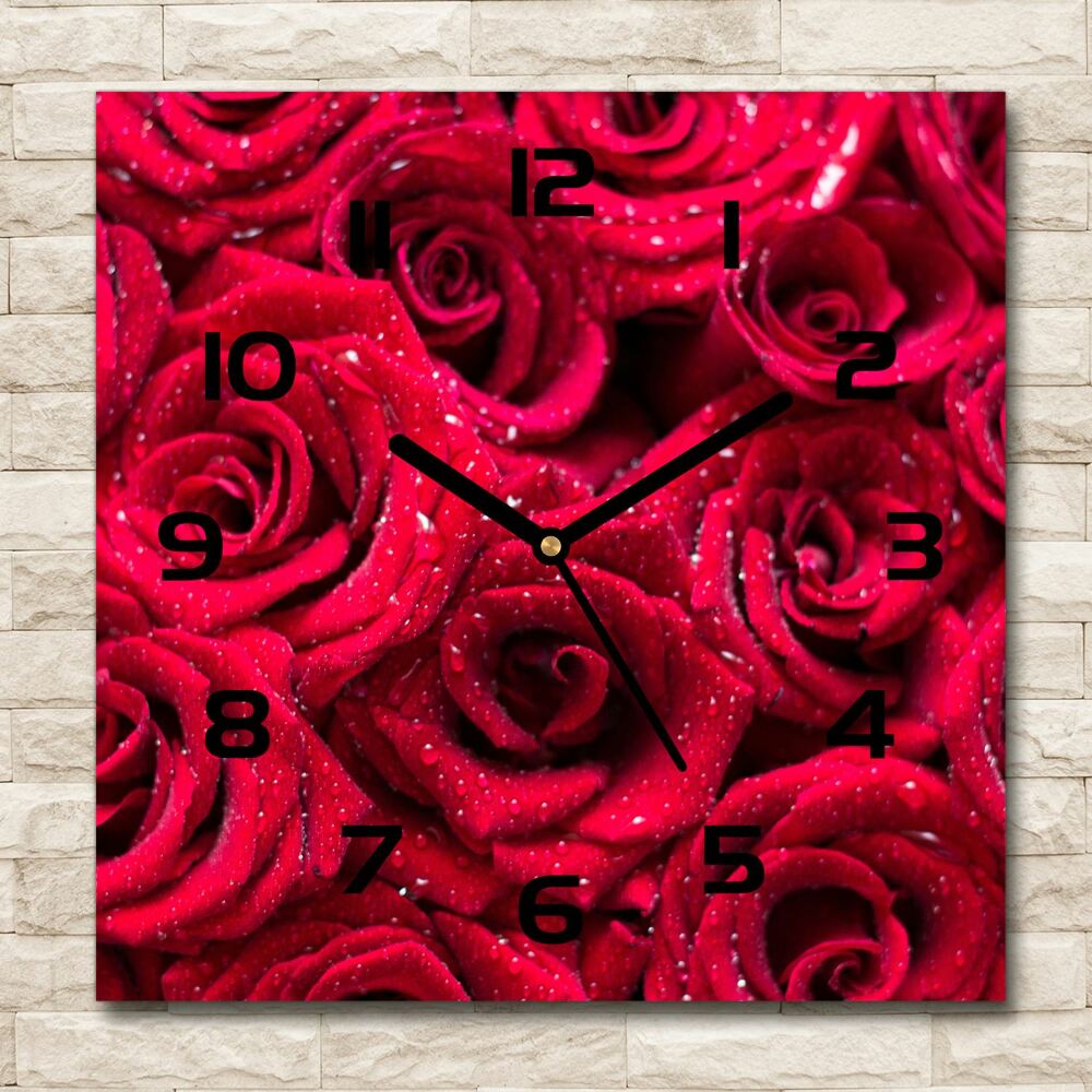 Horloge carrée en verre Gouttes sur roses