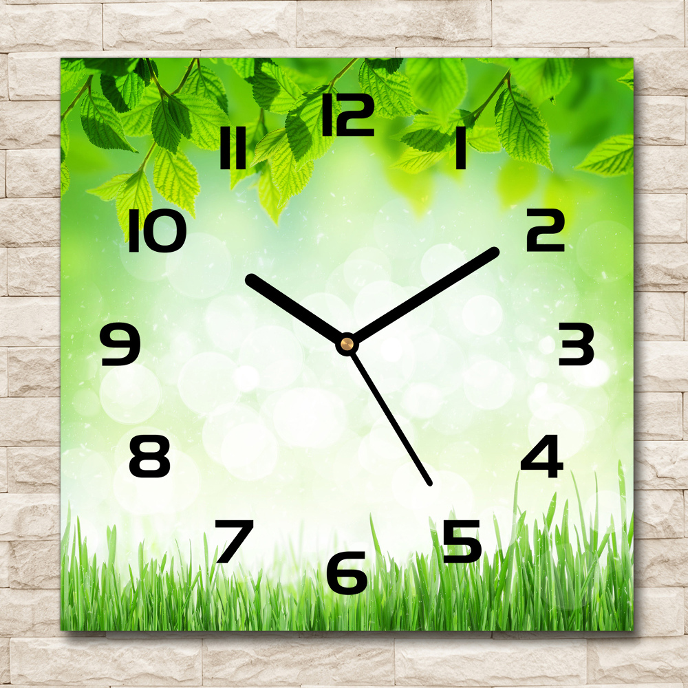 Horloge carrée en verre Feuilles et herbe