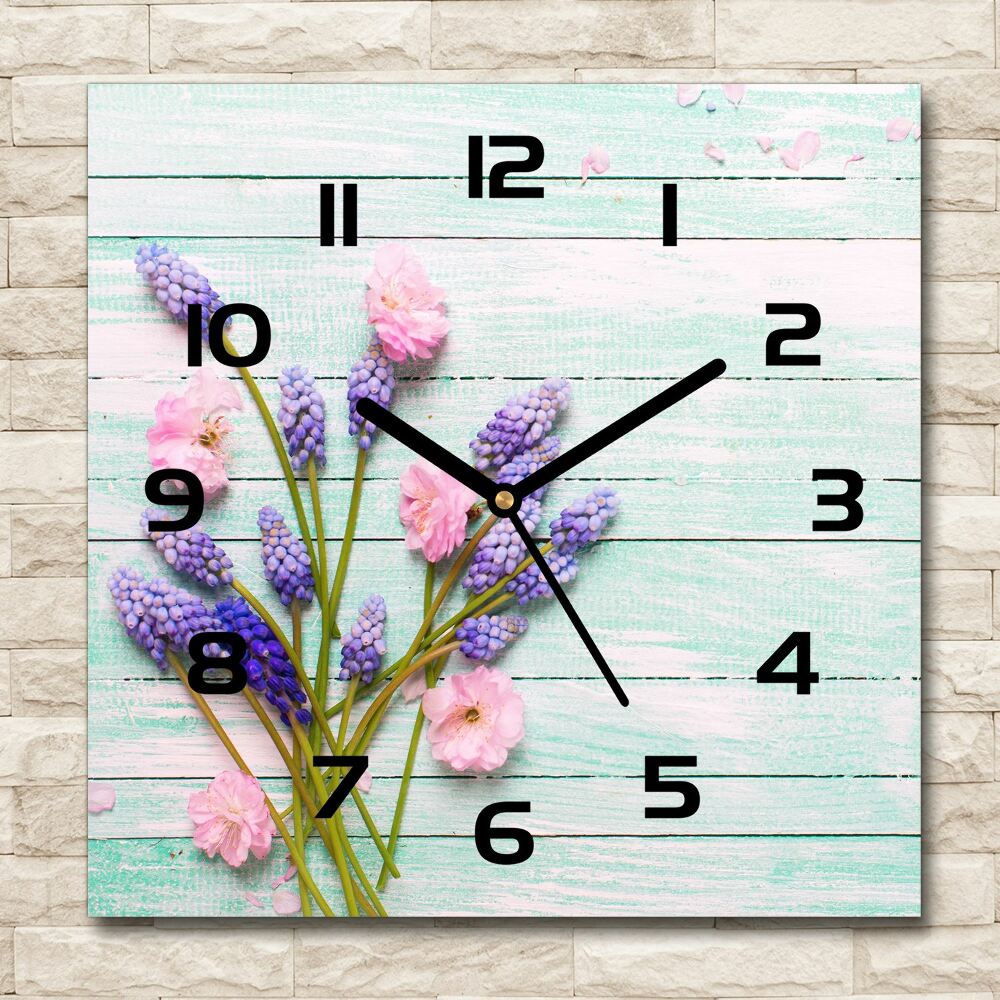 Horloge carrée en verre Lavande sur bois