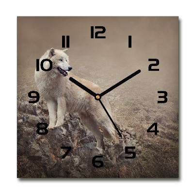 Horloge carrée en verre Loup blanc sur un rocher