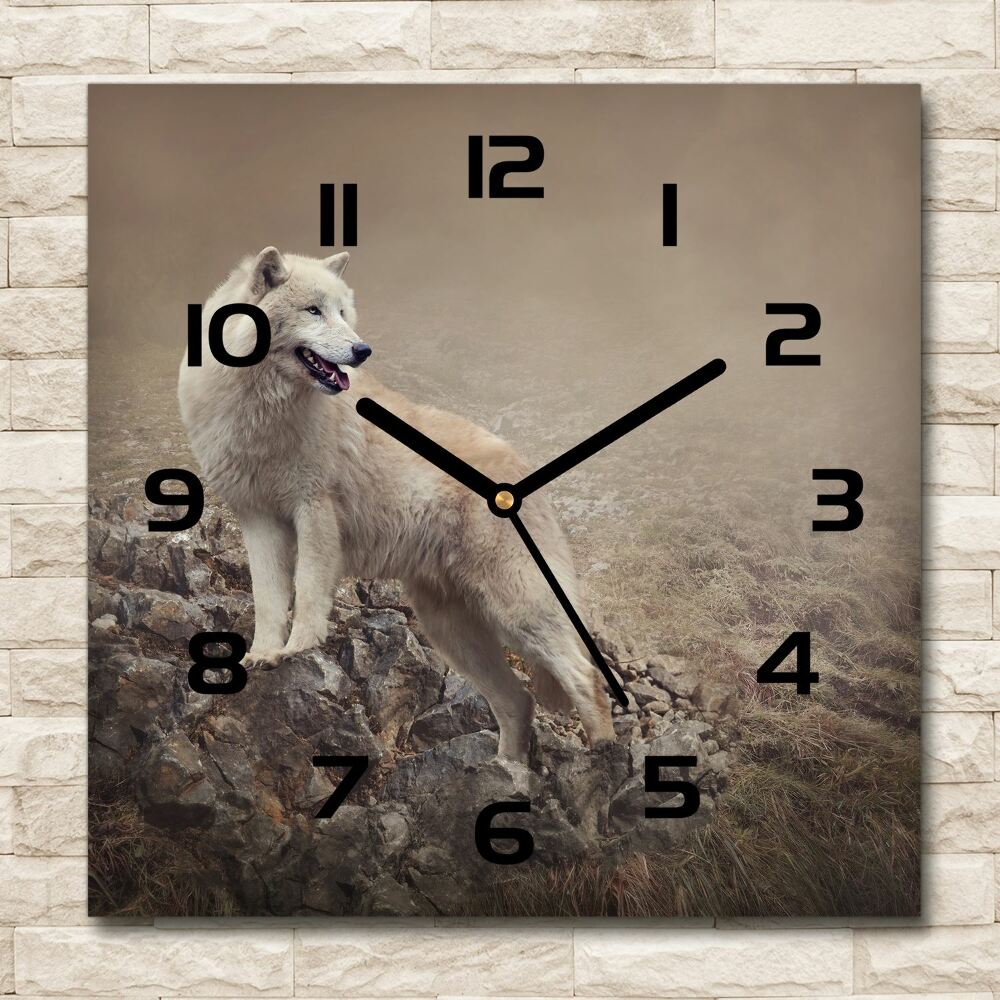 Horloge carrée en verre Loup blanc sur un rocher