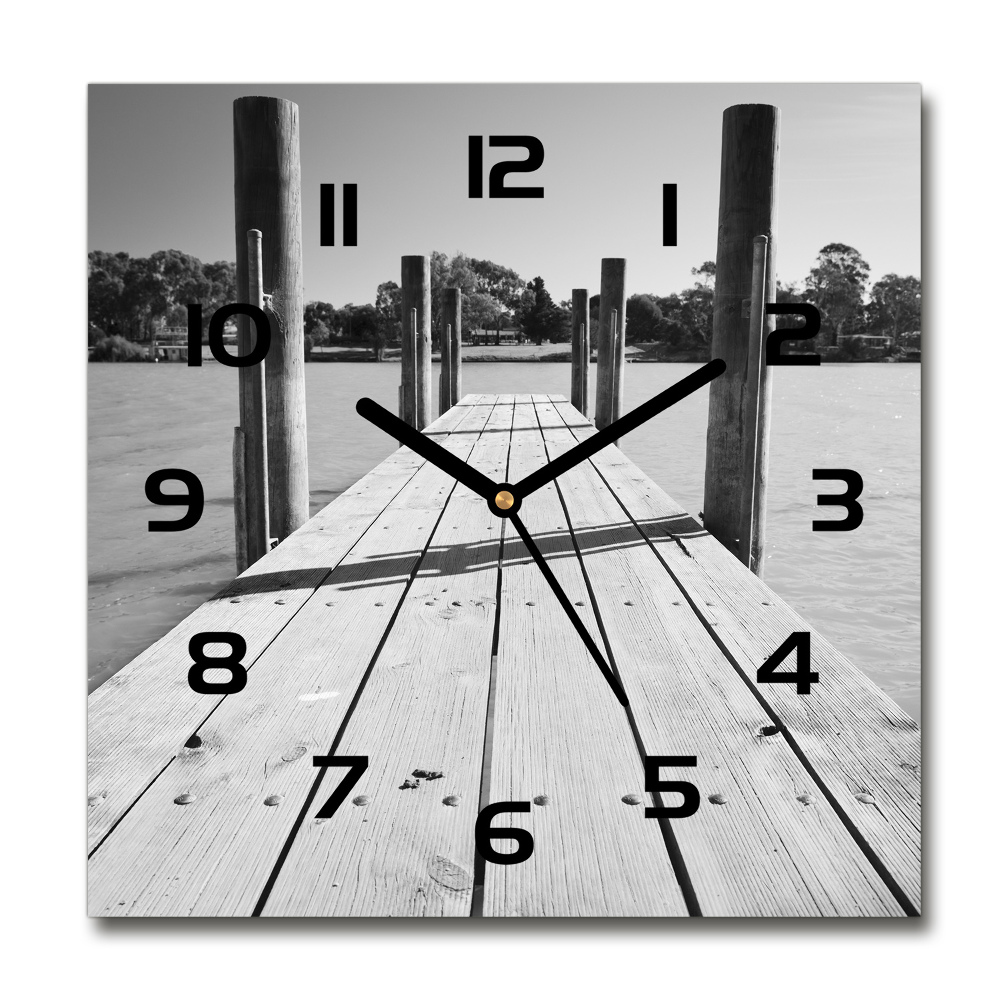 Horloge carrée en verre Jetée en bois noir et blanc