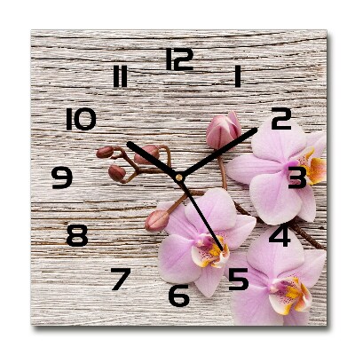 Horloge carrée en verre Orchidée sur bois