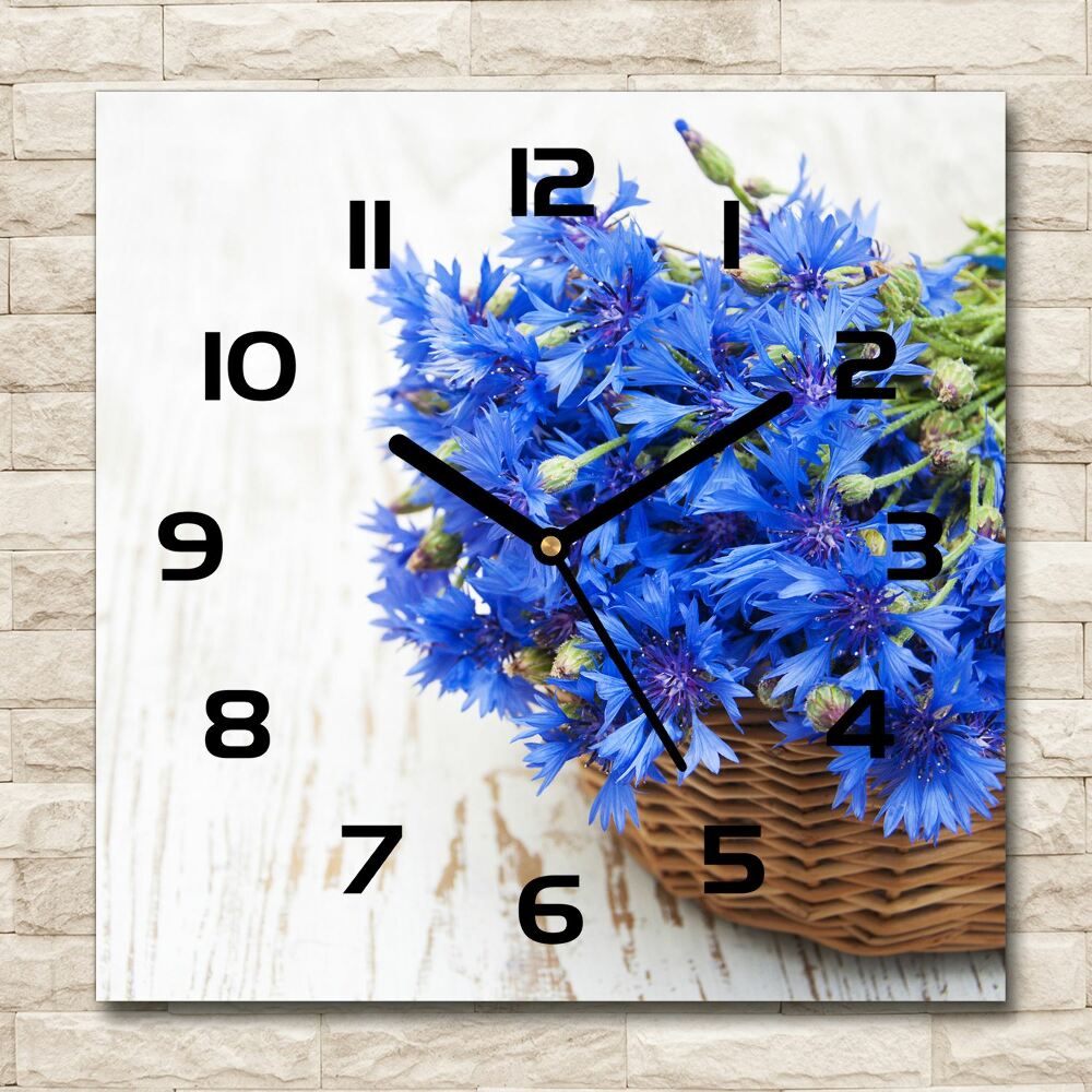 Horloge carrée en verre Bleuets dans un panier