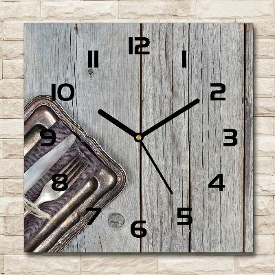 Horloge carrée en verre Couverts sur planches