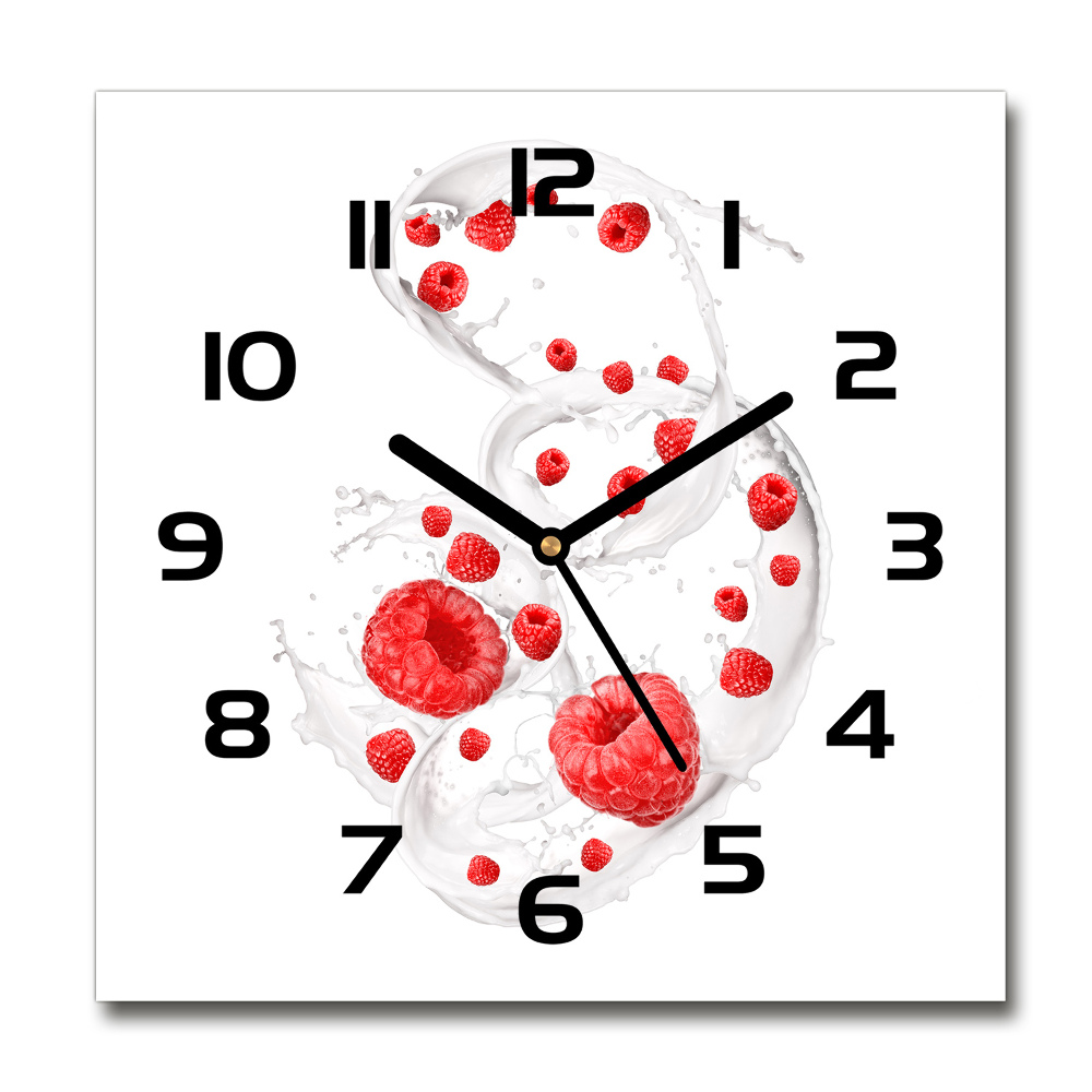 Horloge carrée en verre Framboises avec du lait