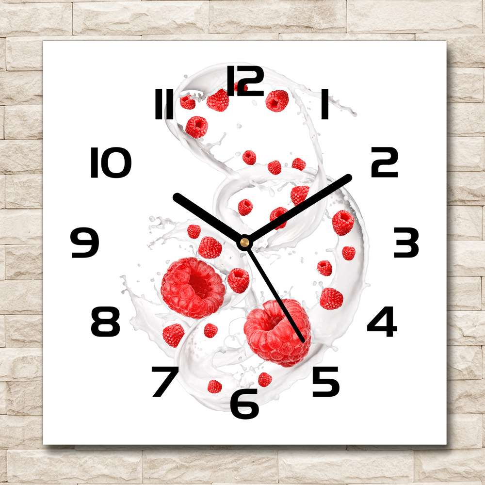 Horloge carrée en verre Framboises avec du lait