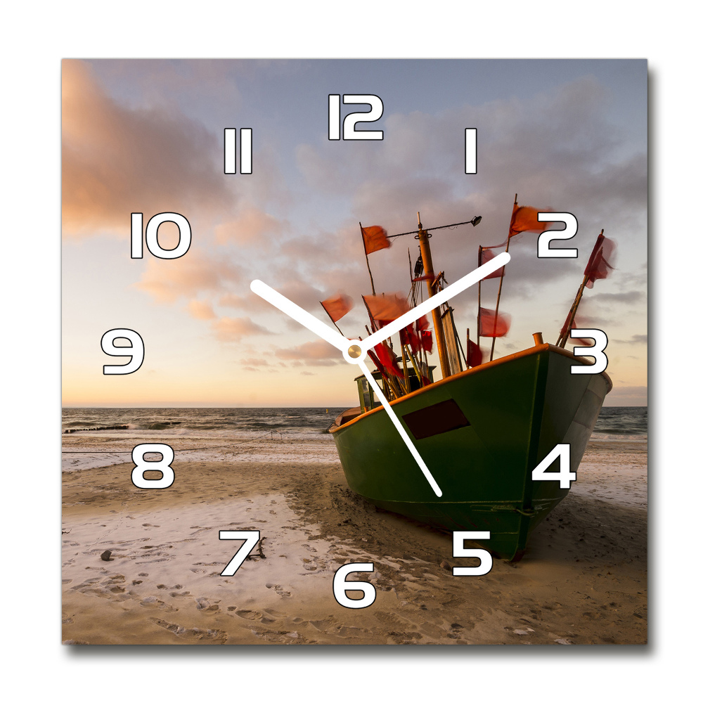 Horloge carrée en verre Plage de bateaux de pêche