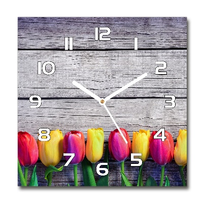 Horloge carrée en verre Tulipes sur bois