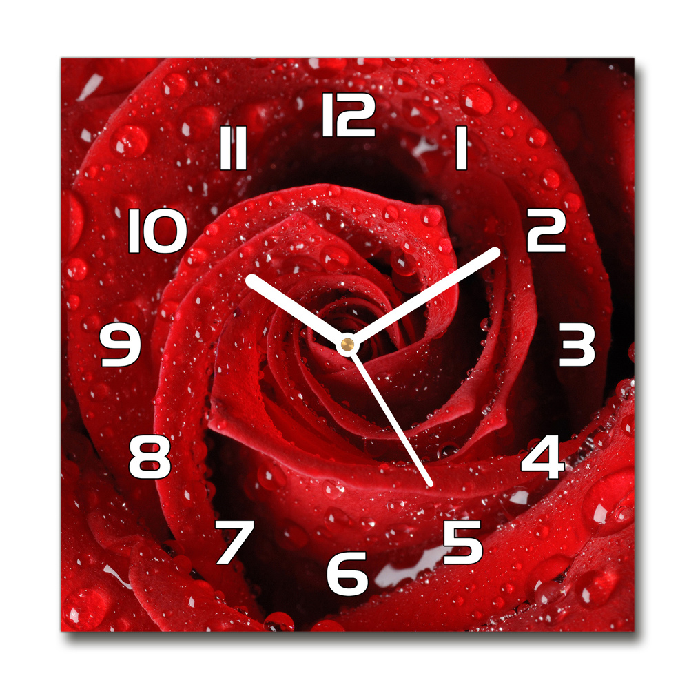 Horloge carrée en verre Gouttes sur une rose