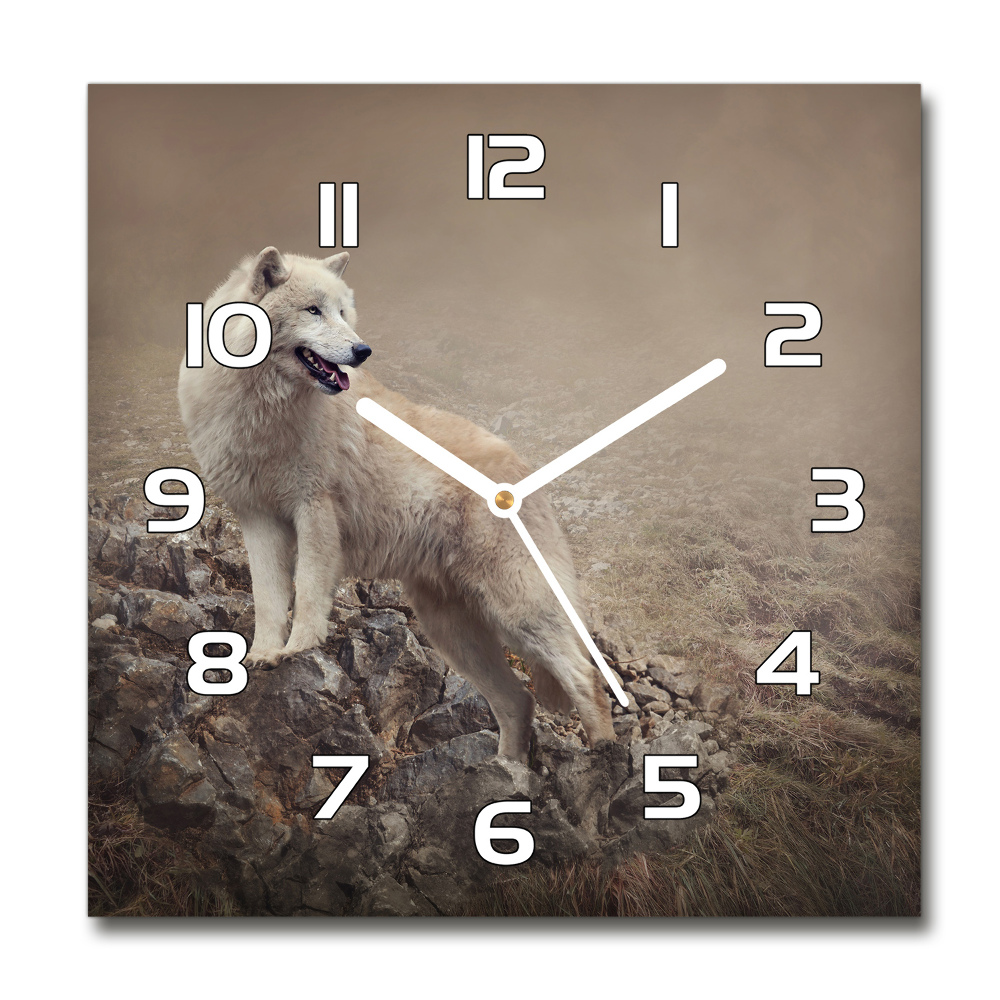 Horloge carrée en verre Loup blanc sur un rocher