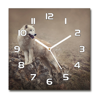 Horloge carrée en verre Loup blanc sur un rocher