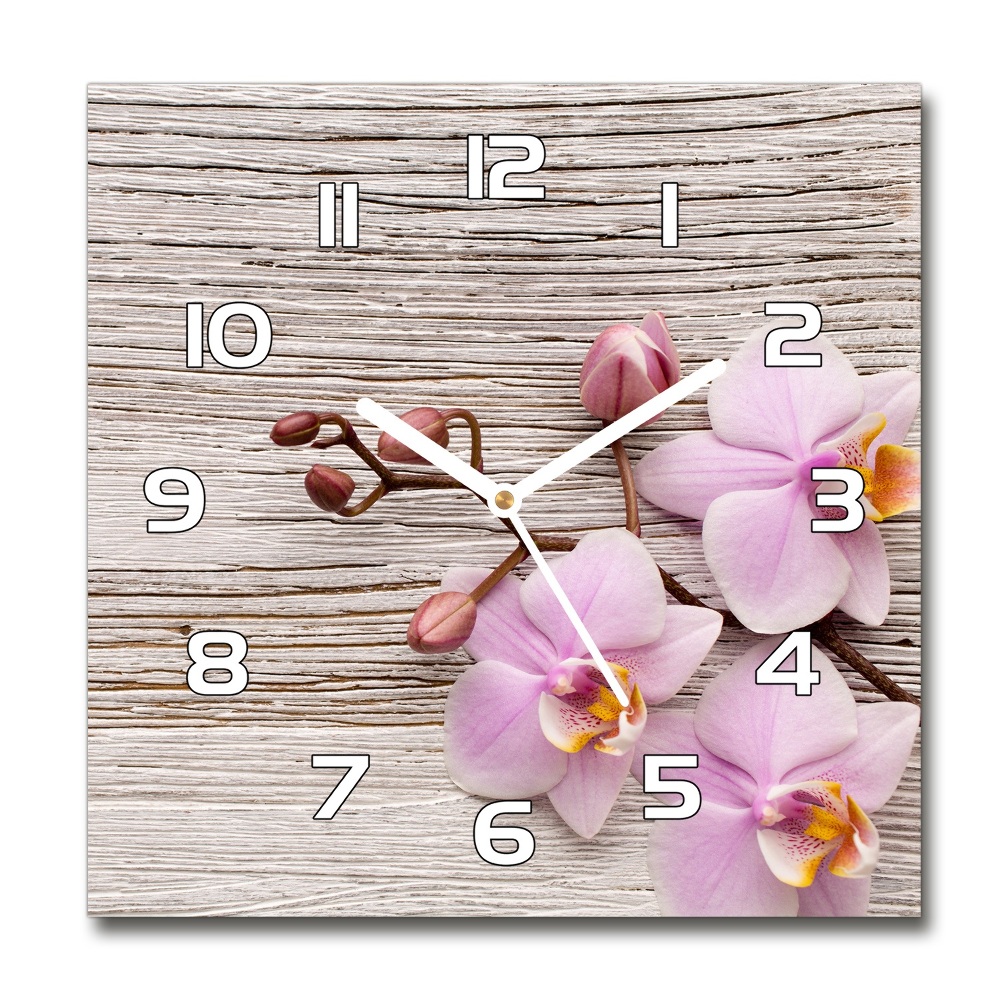 Horloge carrée en verre Orchidée sur bois